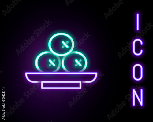 Glowing neon line Olives on plate icon isolated on black background. Colorful outline concept. Vector