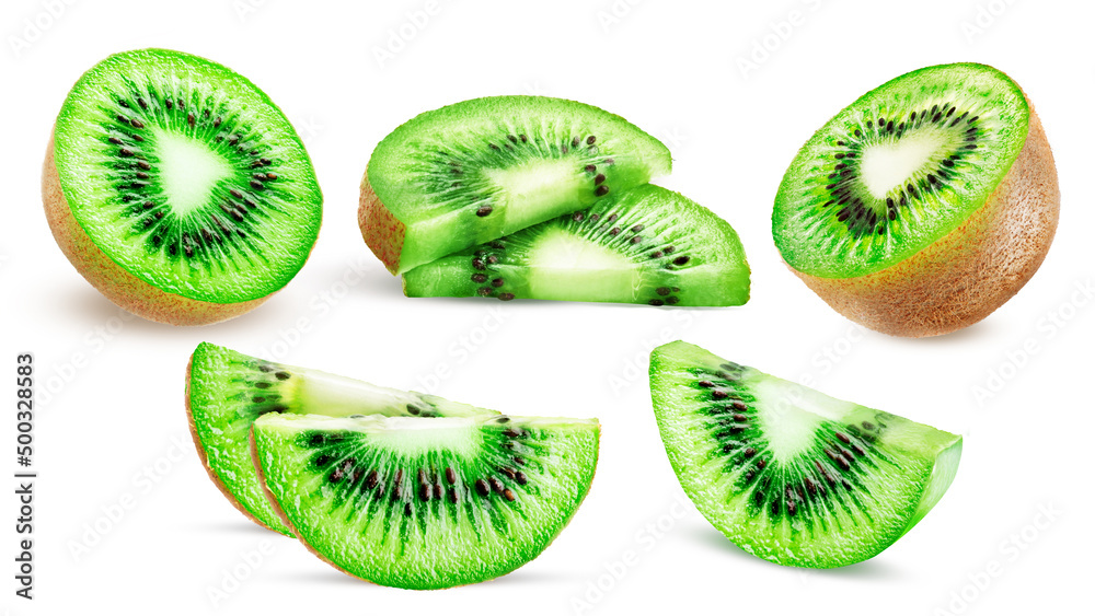 Fototapeta premium Set of ripe sliced bright kiwi fruit isolated on white background.