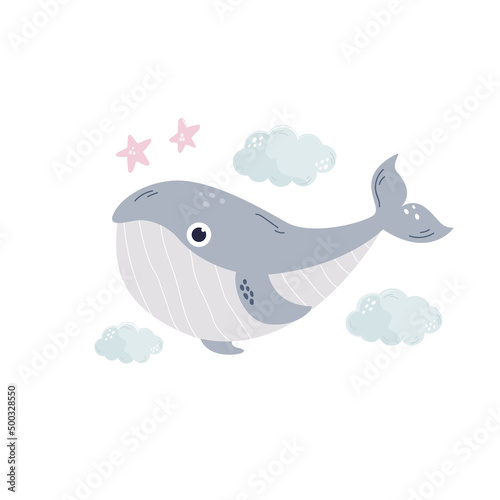 Hand drawn childish illustration with blue whale and sea shapes in soft colors for nursery, cloth prints, decorations