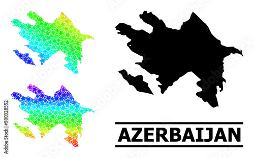 Spectral gradient star collage map of Azerbaijan. Vector colored map of Azerbaijan with spectral gradients. Mosaic map of Azerbaijan collage is made of random colored star elements.