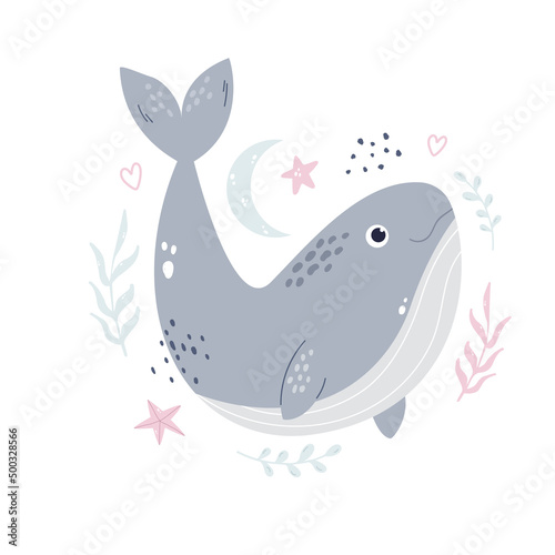 Hand drawn childish illustration with blue whale and sea shapes in soft colors for nursery, cloth prints, decorations