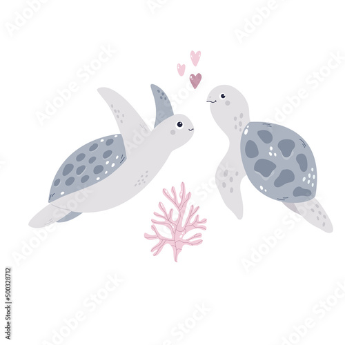 Hand drawn childish illustration with two funny turtles in soft colors for nursery, cloth prints, decorations