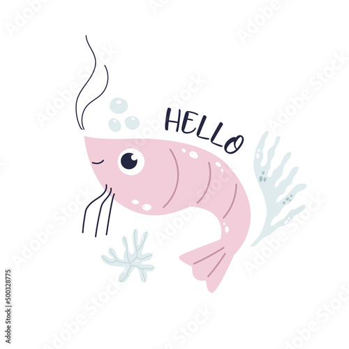 Hand drawn childish illustration with funny shrimp in soft colors for nursery, cloth prints, decorations.