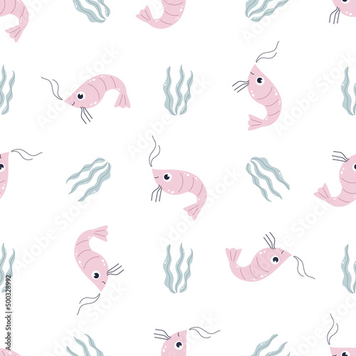 Seamless childish pattern with funny shrimps and weeds for nursery, baby shower, textile