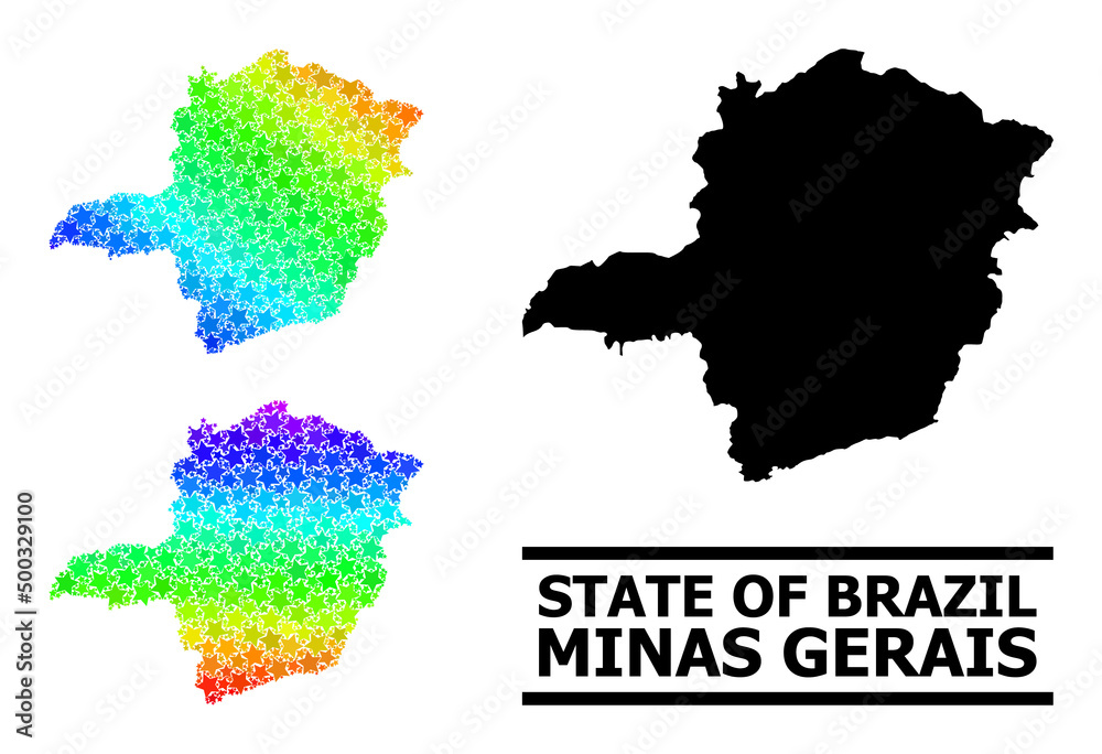 Rainbow gradiented star collage map of Minas Gerais State. Vector vibrant map of Minas Gerais State with spectrum gradients.