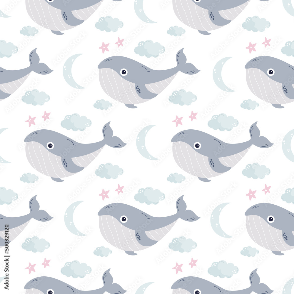 Seamless childish pattern with cute whales for nursery, baby shower, textile Seamless childish pattern with cute whales for nursery, baby shower, textile