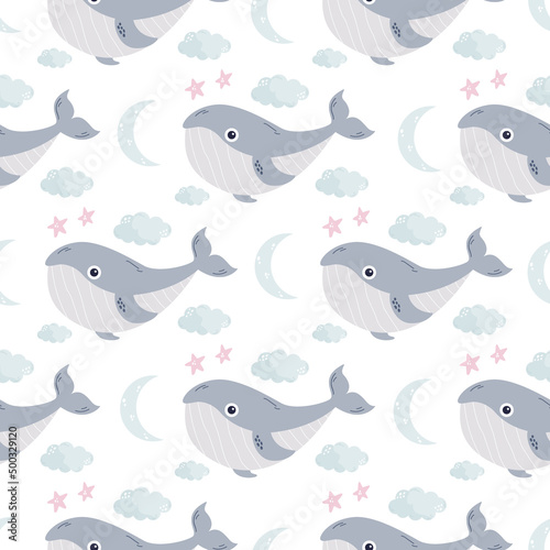Seamless childish pattern with cute whales for nursery, baby shower, textile