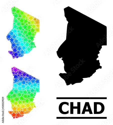 Spectral gradient star collage map of Chad. Vector colored map of Chad with spectral gradients. Mosaic map of Chad collage is formed with scattered colorful star elements.