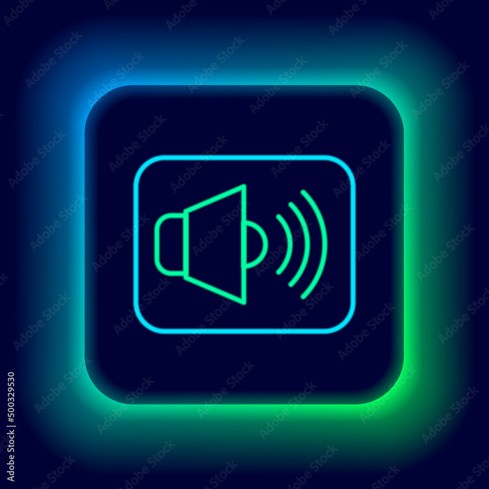Glowing neon line Speaker volume, audio voice sound symbol, media music icon isolated on black background. Colorful outline concept. Vector Glowing neon line Speaker volume, audio voice sound symbol, media music icon isolated on black background. Colorful outline concept. Vector