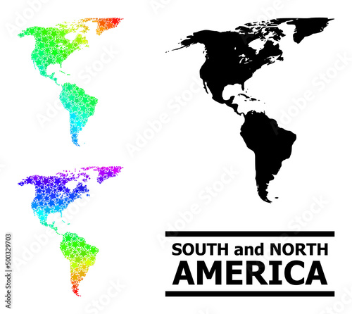 Spectral gradient starred collage map of South and North America. Vector colorful map of South and North America with spectral gradients.