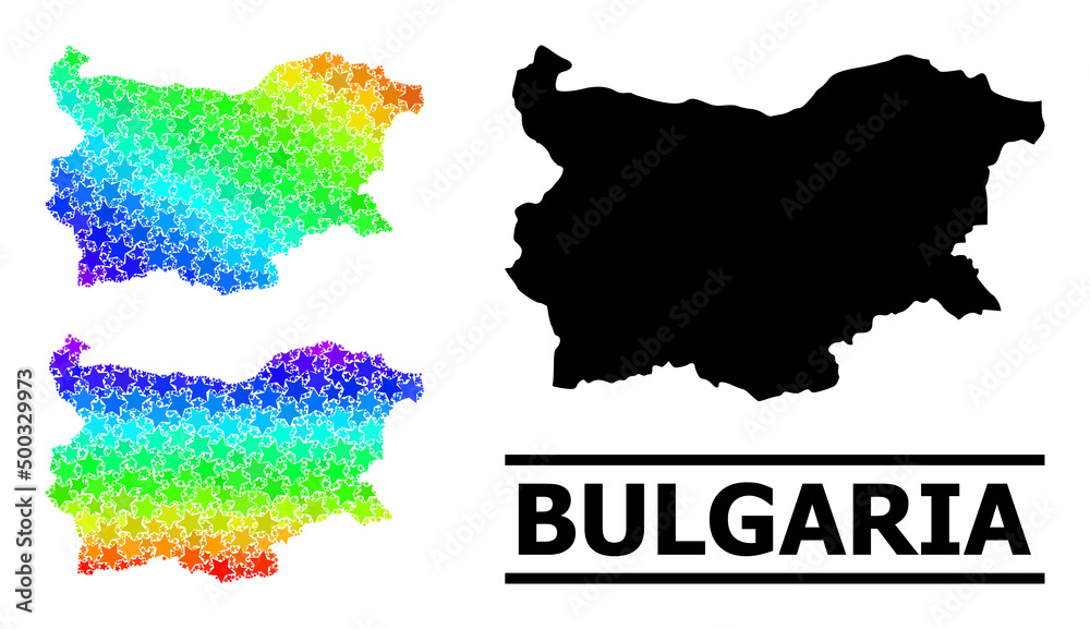 Spectrum gradient starred collage map of Bulgaria. Vector colorful map of Bulgaria with spectrum gradients. Mosaic map of Bulgaria collage is constructed with randomized colorful star elements.