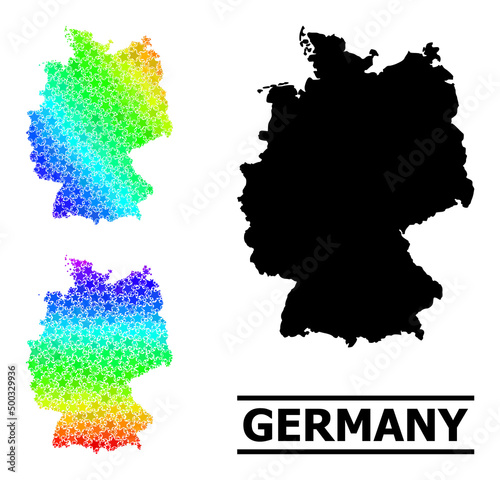 Spectral gradient stars mosaic map of Germany. Vector colorful map of Germany with spectral gradients. Mosaic map of Germany collage is organized with chaotic colorful star parts.