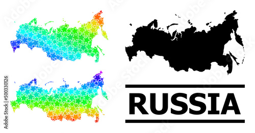 Spectral gradient star collage map of Russia. Vector colored map of Russia with spectral gradients. Mosaic map of Russia collage is constructed with scattered colored star items.