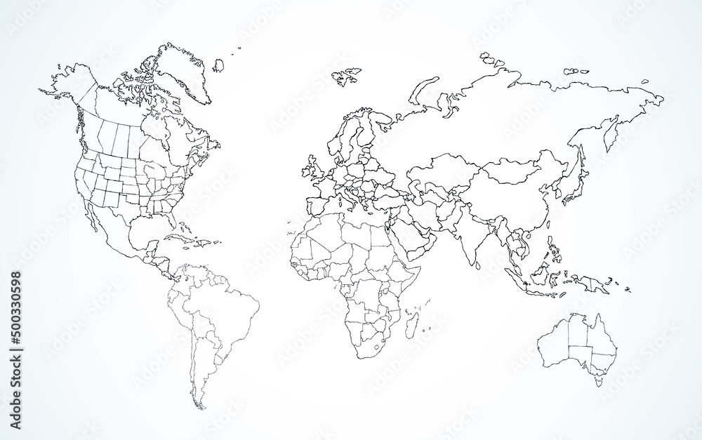 World map. Continents with the contours of the countries. Vector drawing