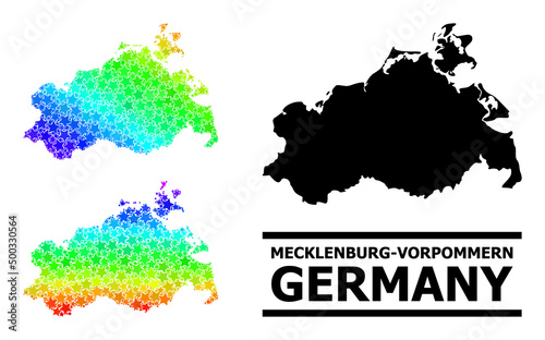 Spectral gradiented star collage map of Mecklenburg-Vorpommern State. Vector colorful map of Mecklenburg-Vorpommern State with spectral gradients.