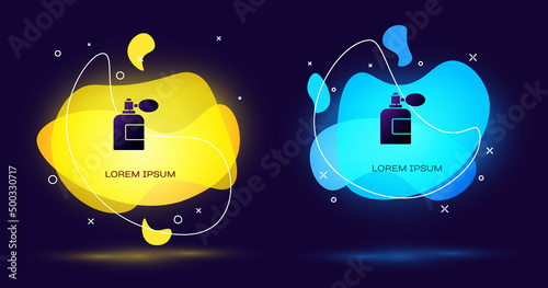 Black Aftershave bottle with atomizer icon isolated on black background. Cologne spray icon. Male perfume bottle. Abstract banner with liquid shapes. Vector Illustration