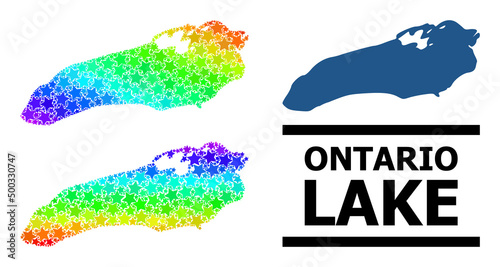 Spectrum gradiented star collage map of Ontario Lake. Vector colorful map of Ontario Lake with spectral gradients. Mosaic map of Ontario Lake collage is made with randomized colorful star elements.