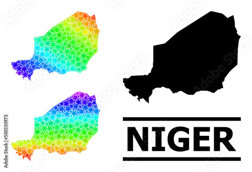 Spectrum gradient star collage map of Niger. Vector colored map of Niger with spectral gradients. Mosaic map of Niger collage is constructed with scattered colored star items.