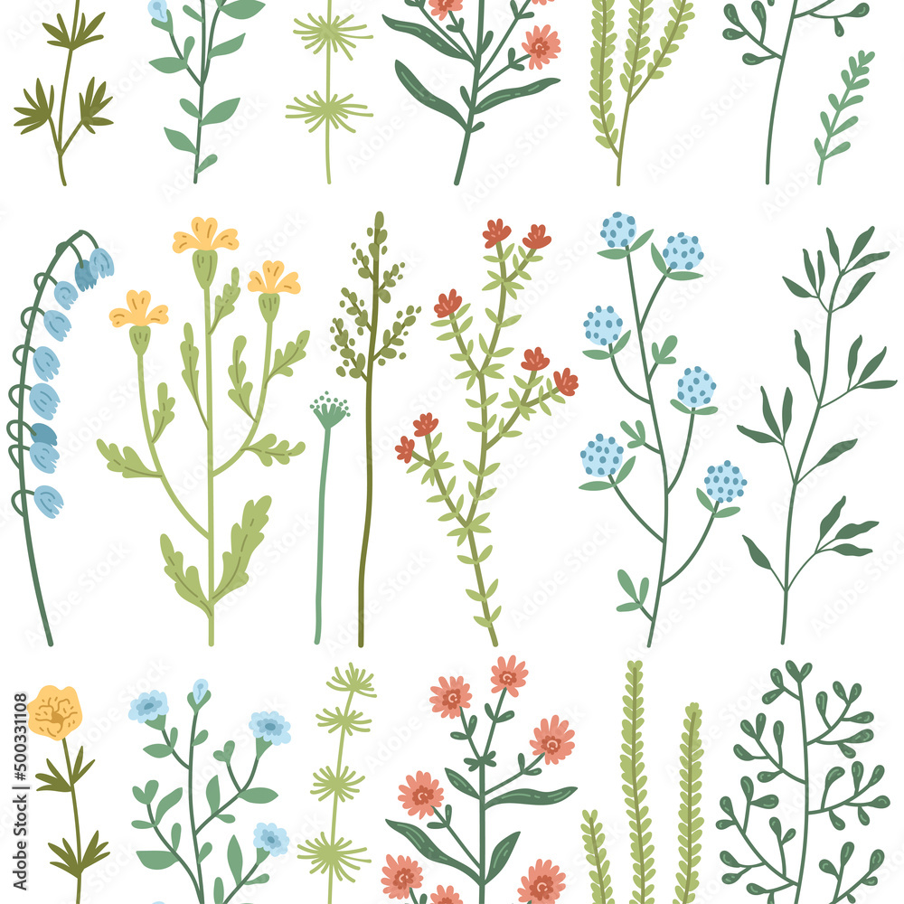 Vector seamless pattern with watercolor wild flowers and grass, hand drawn floral herbal background. Colorful botanical illustration, floral elements, hand drawn repeating background