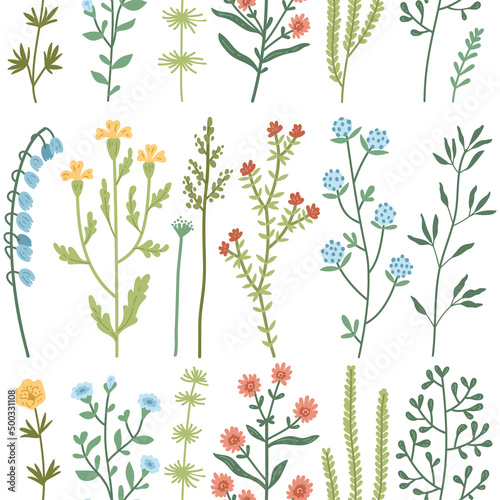 Vector seamless pattern with watercolor wild flowers and grass, hand drawn floral herbal background. Colorful botanical illustration, floral elements, hand drawn repeating background