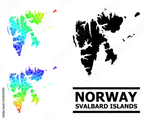 Spectral gradient star collage map of Svalbard Islands. Vector colored map of Svalbard Islands with rainbow gradients.