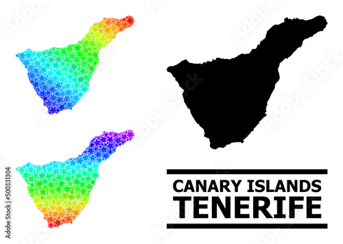 Rainbow gradiented star collage map of Tenerife Island. Vector colorful map of Tenerife Island with spectral gradients.