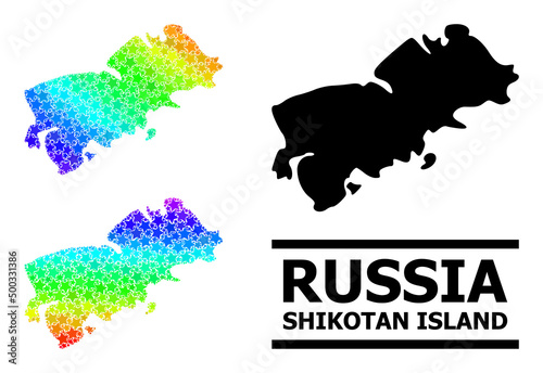 Rainbow gradiented star mosaic map of Shikotan Island. Vector colored map of Shikotan Island with spectral gradients. Mosaic map of Shikotan Island collage is composed with chaotic colored star items.