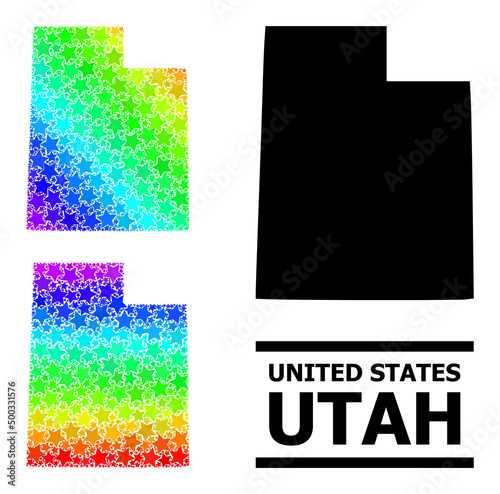 Spectral gradiented stars collage map of Utah State. Vector colored map of Utah State with spectral gradients. Mosaic map of Utah State collage is done with scattered colored star parts.