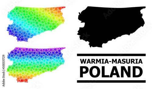 Spectral gradiented star mosaic map of Warmia-Masuria Province. Vector vibrant map of Warmia-Masuria Province with spectrum gradients. photo
