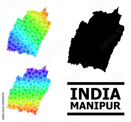 Spectral gradiented star collage map of Manipur State. Vector colorful map of Manipur State with spectral gradients. Mosaic map of Manipur State collage is organized with random colored star items.
