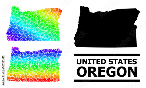 Spectral gradient stars collage map of Oregon State. Vector colored map of Oregon State with spectral gradients. Mosaic map of Oregon State collage is composed from chaotic colored star items.