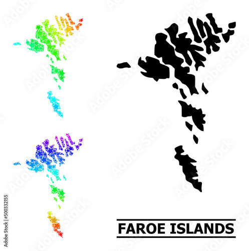 Spectrum gradiented starred mosaic map of Faroe Islands. Vector colorful map of Faroe Islands with spectrum gradients. Mosaic map of Faroe Islands collage is done with randomized colorful star items.