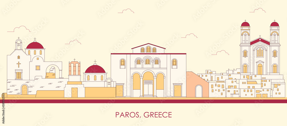 Cartoon Skyline panorama of Paros island, Cyclades, Greece - vector illustration