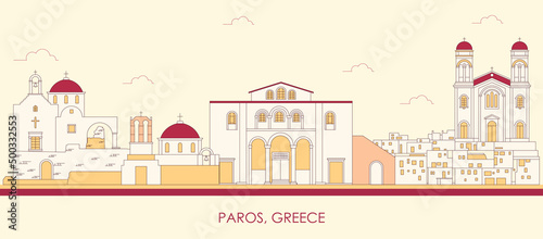 Cartoon Skyline panorama of Paros island, Cyclades, Greece - vector illustration photo