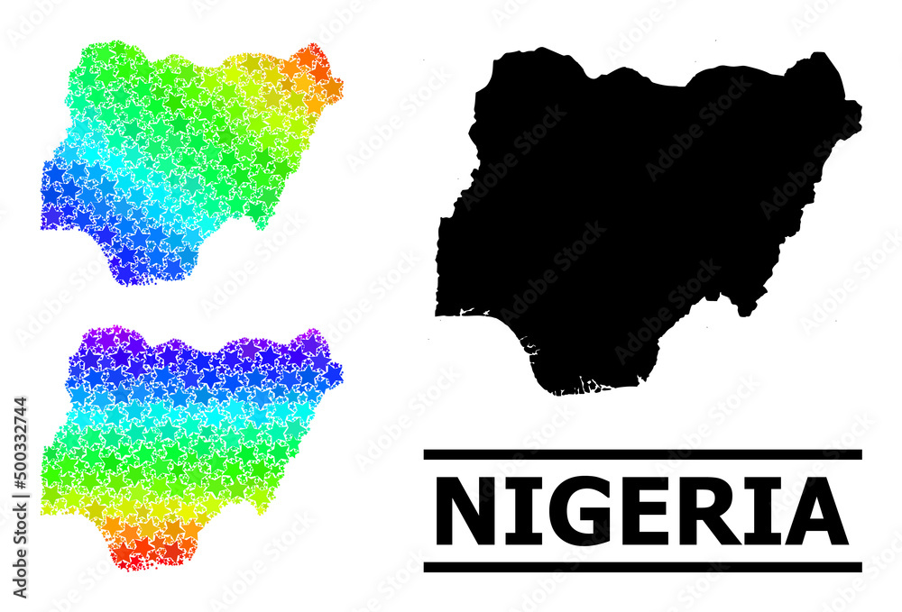 Obraz premium Rainbow gradient star collage map of Nigeria. Vector colorful map of Nigeria with rainbow gradients. Mosaic map of Nigeria collage is composed from randomized color star parts.