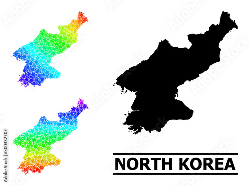 Spectral gradiented star mosaic map of North Korea. Vector colorful map of North Korea with spectral gradients. Mosaic map of North Korea collage is made of scattered colorful star items.