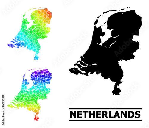 Rainbow gradient star mosaic map of Netherlands. Vector colored map of Netherlands with spectral gradients. Mosaic map of Netherlands collage is constructed with randomized colorful star items.