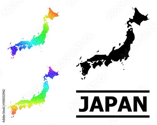Spectral gradient star mosaic map of Japan. Vector colored map of Japan with spectral gradients. Mosaic map of Japan collage is done of randomized colored star parts.