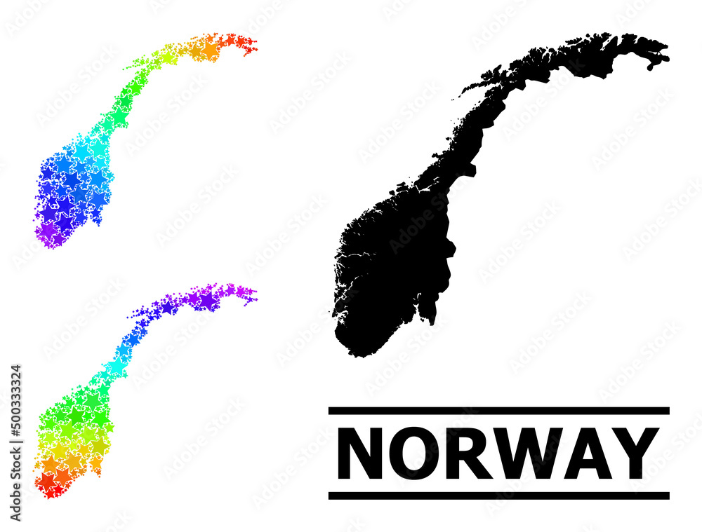 Spectrum gradient star collage map of Norway. Vector colorful map of Norway with spectrum gradients. Mosaic map of Norway collage is made with random colored star elements.
