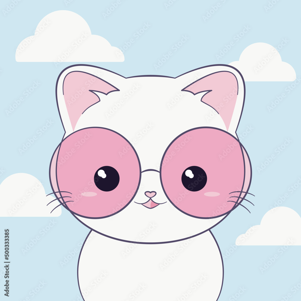 Ręcznie rysowany mały biały kotek w różowych okularach na tle niebieskiego nieba i chmurek. Wektorowa ilustracja zadowolonego, siedzącego kota. Słodki, uroczy zwierzak. - obrazy, fototapety, plakaty 