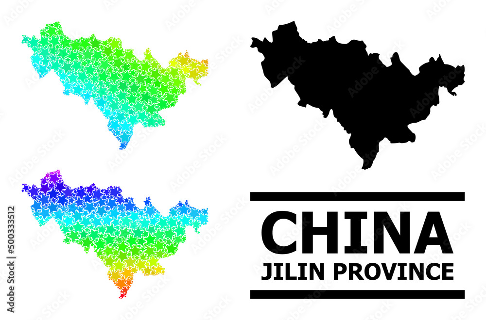 Spectral gradient star mosaic map of Jilin Province. Vector colorful map of Jilin Province with spectral gradients. Mosaic map of Jilin Province collage is created from chaotic colorful star elements.
