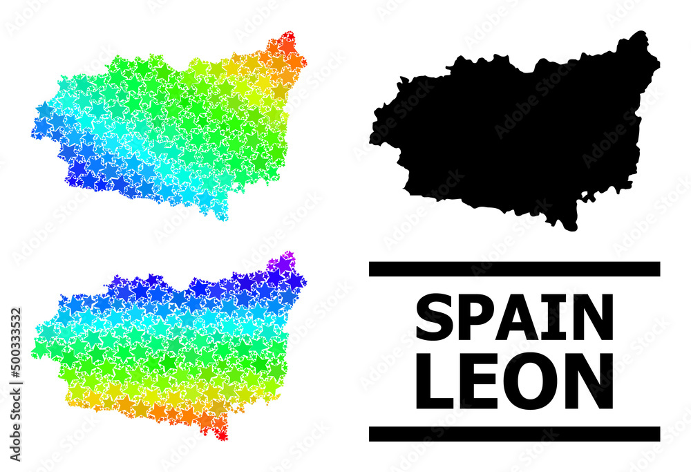 Spectrum gradiented star mosaic map of Leon Province. Vector vibrant map of Leon Province with spectral gradients. Mosaic map of Leon Province collage is composed with chaotic colored star elements.
