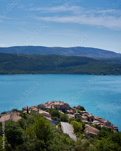 View of Sainte Croix du Verdon Provence France and the surrounding mountains