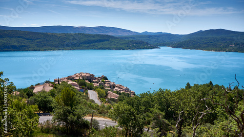 View of Sainte Croix du Verdon Provence France and the surrounding mountains