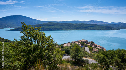 View of Sainte Croix du Verdon Provence France and the surrounding mountains