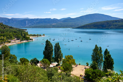 Panoramic view of the bay of Sainte Croix du Verdon Provence France and the surrounding mountains