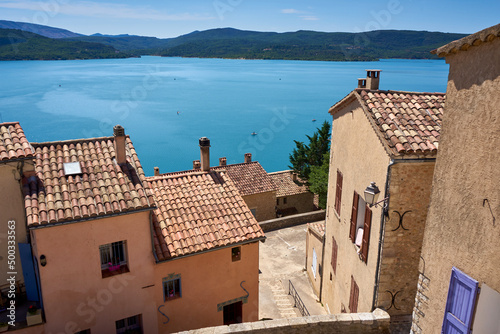 Panoramic view of the bay of Sainte Croix du Verdon Provence France and the surrounding mountains