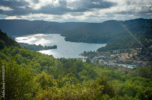 Aerial view of Lake Esparron and the surrounding vegetation Esparron du Verdon Provence France