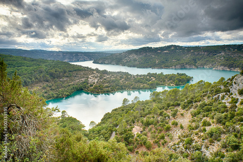 Aerial view of Lake Esparron and the surrounding vegetation Esparron du Verdon Provence France