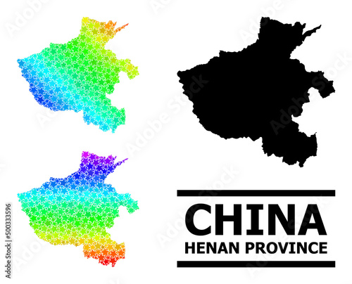 Spectral gradient stars collage map of Henan Province. Vector colorful map of Henan Province with spectral gradients. Mosaic map of Henan Province collage is done with random colored star items.